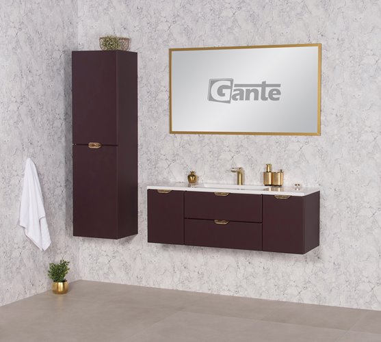Burgundowa szafka łazienkowa wisząca z umywalką złoty uchwyt 120 cm Magnolia