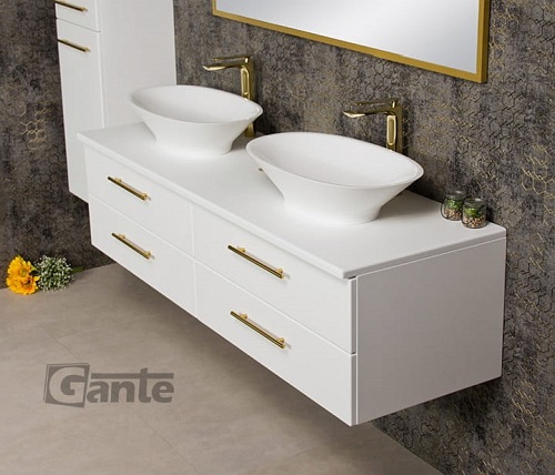 Szafka wisząca biały mat z dwiema umywalkami nablatowymi 160/50 cm Belli Gold Gante