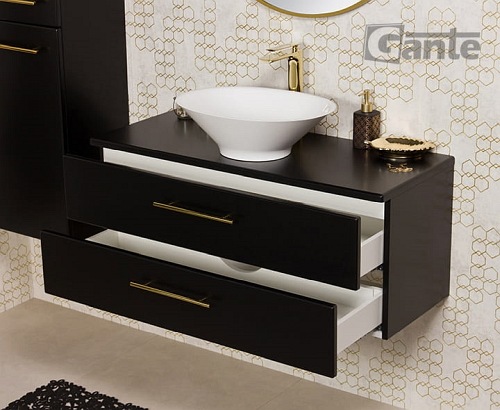 Szafka łazienkowa wisząca 100 cm czarny mat z umywalką nablatową Belli Gold Gante