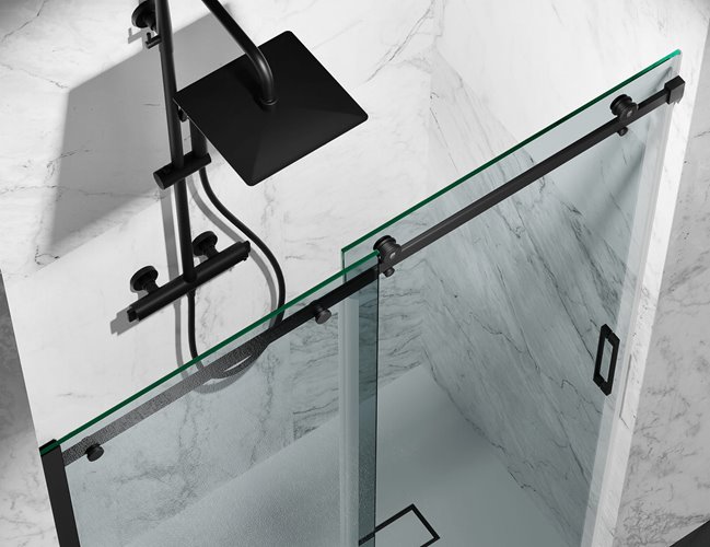 Kabina prysznicowa narożna 150x100 cm szkło 8mm mleczne profile czarny mat Swiss Liniger