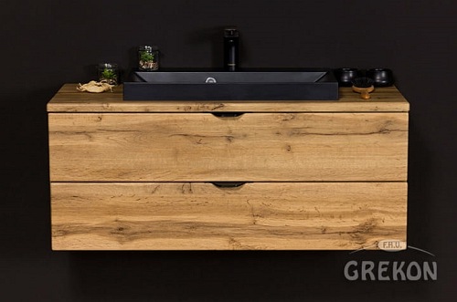 Szafka łazienkowa wisząca z czarną umywalką nablatową dąb naturalny 100 cm Victa Gante