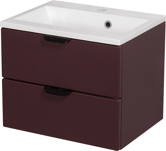 Burgundowa szafka łazienkowa wisząca z umywalką czarny uchwyt 50 cm Magnolia