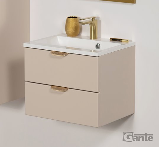 Piaskowa szafka łazienkowa wisząca z umywalką złoty uchwyt 50 cm Magnolia