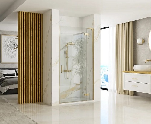 Drzwi prysznciowe do wnęki 80 cm szczotkowane złoto uchylne Hugo Rea Gold