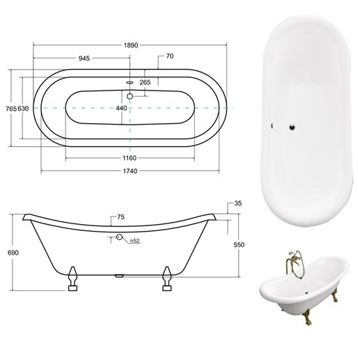 Wanna wolnostojąca czarno-biała 190 cm czarne łapy Amelia B&W Besco WKA-190+BWB