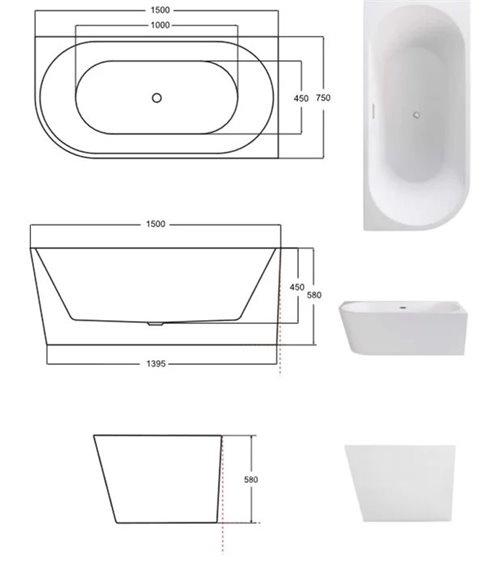 Wanna przyścienna czarno-biała narożna prawa syfon z przelewem biały 150 cm Zoya B&W Besco WAS-150ZBPB