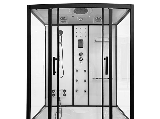 Biała kabina prysznicowa z hydromasażem i sauną parową prostokątna zabudowana 170x85 MO-0505-170WS