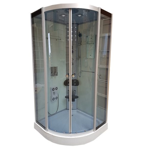 Kabina prysznicowa z hydromasażem i sauną niski brodzik białe ściany 80x80