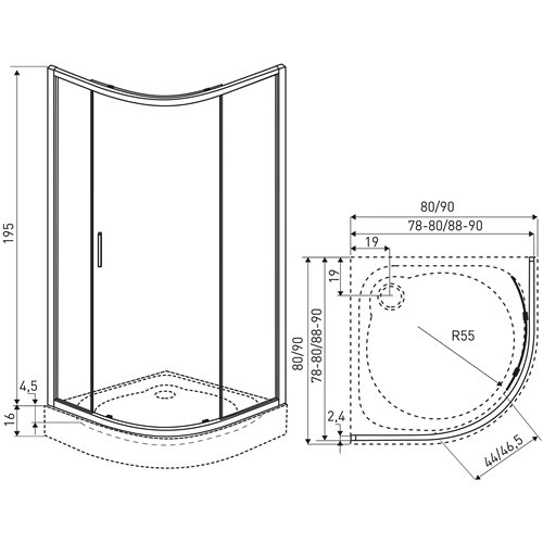 Kabina prysznicowa jednoskrzydłowa półokrągła z brodzikiem 80x80 RPS Solid BL Kerra