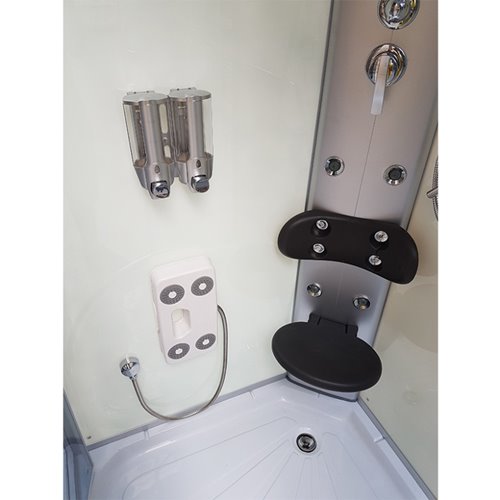 Kabina prysznicowa z hydromasażem i sauną niski brodzik białe ściany 90x90