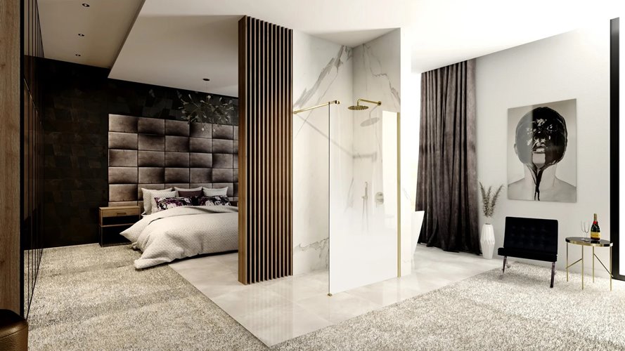 Złota szczotkowana ścianka prysznicowa 110 cm biała szyba Aero Ombre Rea