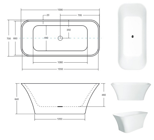 Wanna wolnostojąca z konglomeratu + klik-klak czarny 160 cm Assos Besco WMD-160-AKB