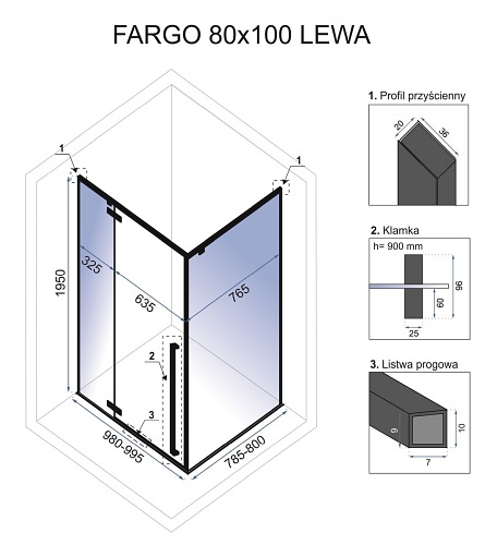 Kabina prostokątna czarne profile 80x100 Rea Fargo Lewa
