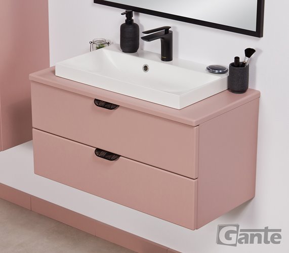 Szafka łazienkowa pudrowy róż z umywalką nablatową czarny uchwyt 80 cm Magnolia Gante
