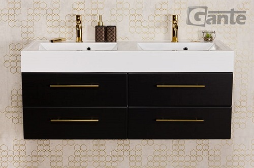 Szafka łazienkowa wisząca czarny mat z umywalką dwie komory 120 cm Nela Belli Gold Gante