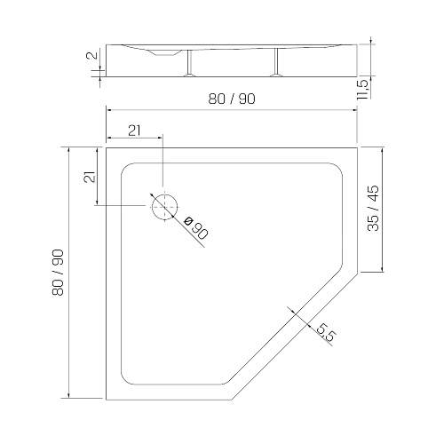 Mild New Trendy B-0602 brodzik prysznicowy pięciokątny 80x80x11,5 cm gładki