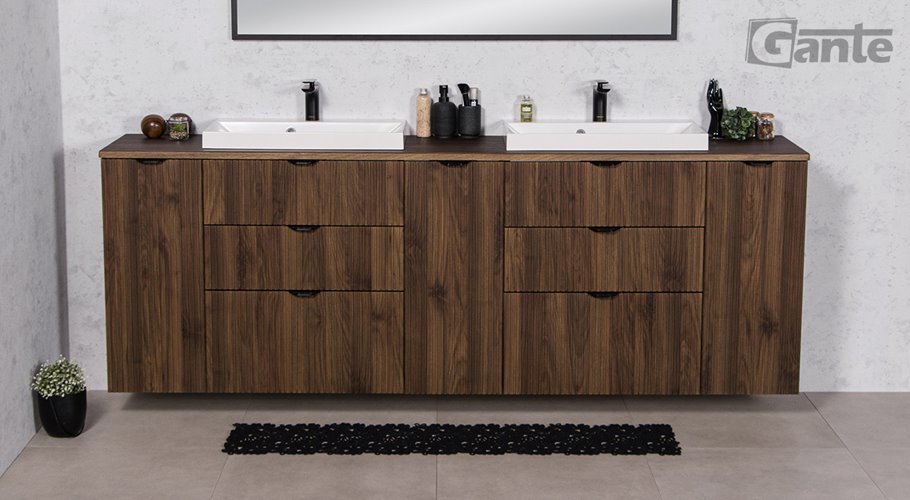 Szafka łazienkowa z lamelami wisząca z dwiema umywalkami nablatowymi 210 cm 39/3 Victa Lamello kolor orzech