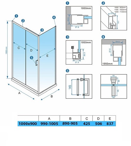 Czarna kabina prysznicowa prostokątna 90x100 KZ104BA