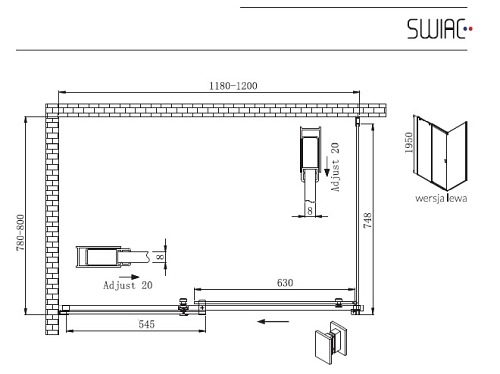 Kabina prysznicowa prostokątna 120X80 Kassari Lewa