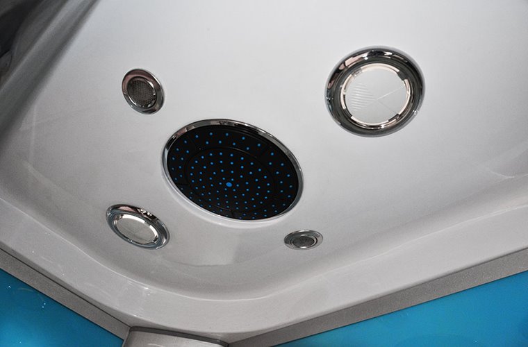 Kabina prysznicowa z hydromasażem na niskim brodziku błękitne ścianki 120x85 prawa MO-18220