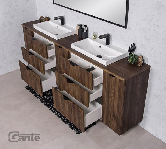 Szafka łazienkowa z lamelami wisząca z dwiema umywalkami nablatowymi 210 cm 39/3 Victa Lamello kolor orzech