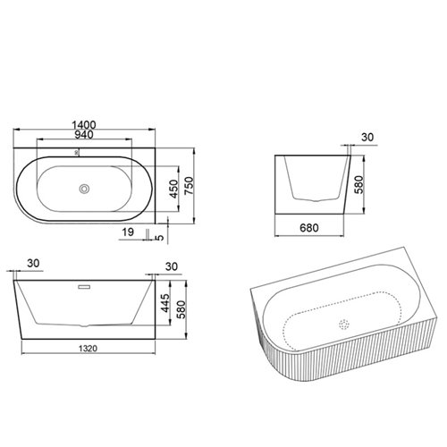 Wanna ryflowana przyścienna narożna prawa 140 cm Rio Hydrosan