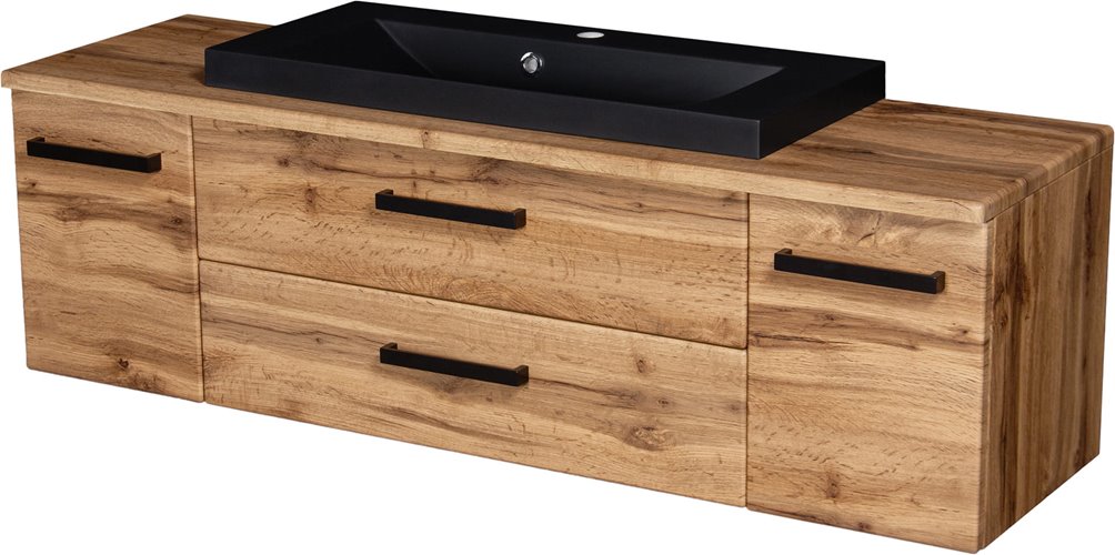 Szafka wisząca z czarną matową umywalką nablatową 140 cm kolor dąb naturalny seria Fokus Loft Gante