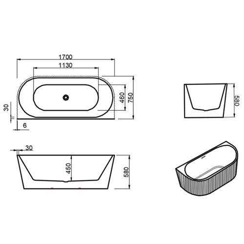 Wanna wolnostojąca przyścienna korek oraz przelew złoty 170 cm Carlo Hydrosan