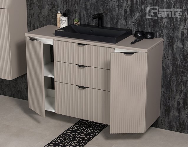 Szafka łazienkowa z lamelami wisząca z czarną nablatową umywalką 120 cm 39/3 Victa Lamello kolor fume mat