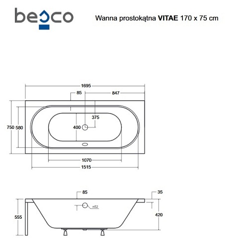 Wanna prostokątna akrylowa Vitae Besco 170 cm