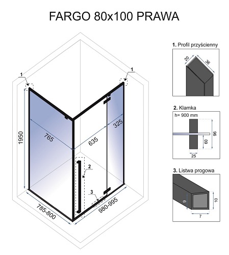 Kabina prostokątna czarne profile 80x100 Rea Fargo Prawa