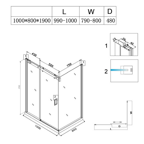 Czarna kabina prysznicowa prostokątna 100x80 szkło 8mm BS15A