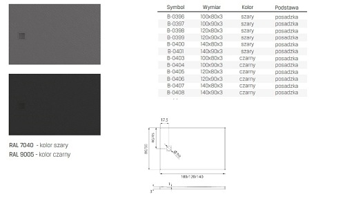 Brodzik prostokątny 100x80 szary New Trendy Mori B-0396