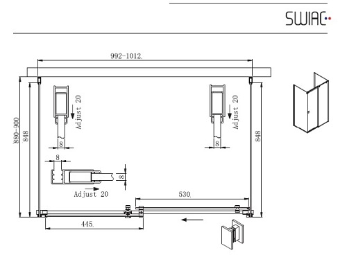 Kabina prostokątna trójścienna 100X90 Kassari Prawa Plus