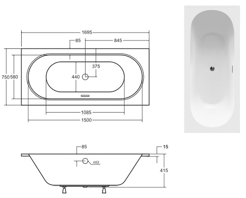 Prostokątna wanna do zabudowy Vitae Slim+ Besco 170 cm komplet syfon+ przelew