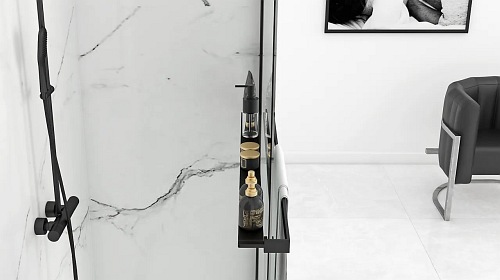 Czarna ścianka prysznicowa z półką i wieszakiem 120 cm Aero Black Evo Rea