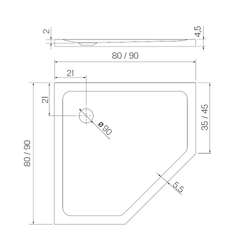 Mild Stone New Trendy B-0581 czarny brodzik prysznicowy pięciokątny 80x80 cm struktura kamienia