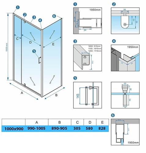 Prostokątna kabina prysznicowa 100x90 drzwi uchylne KZ07A