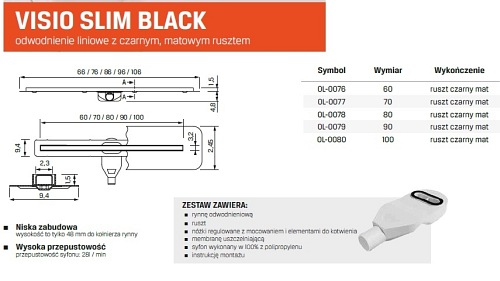 Visio Slim Black New Trendy czarny odpływ liniowy 60 cm OL-0076 ruszt czarny matowy