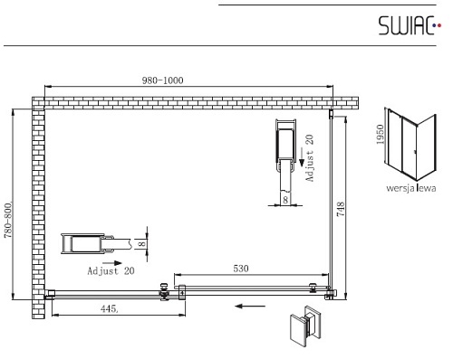 Kabina prysznicowa prostokątna 100X80 Kassari Lewa Plus