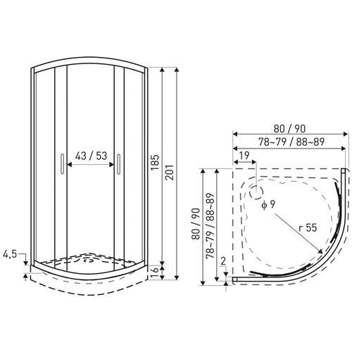 Kabina prysznicowa z niskim brodzikiem czarny profil 90x90 Aruba Kerra