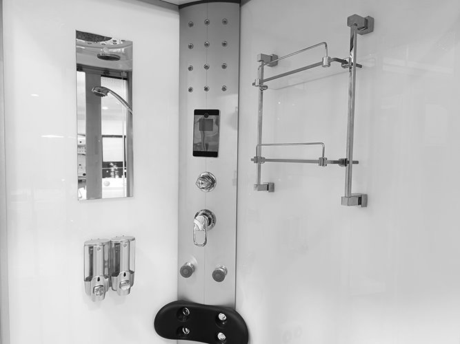 Biała kabina prysznicowa z hydromasażem + sauna na niskim brodziku 120x85 prawa MO-09914PBS