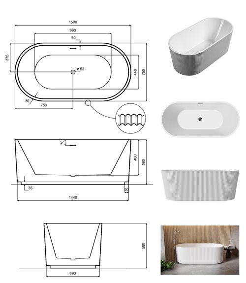 Giuliana Besco biała wanna wolnostojąca 150 cm syfon złoty WAS-150-GLZ