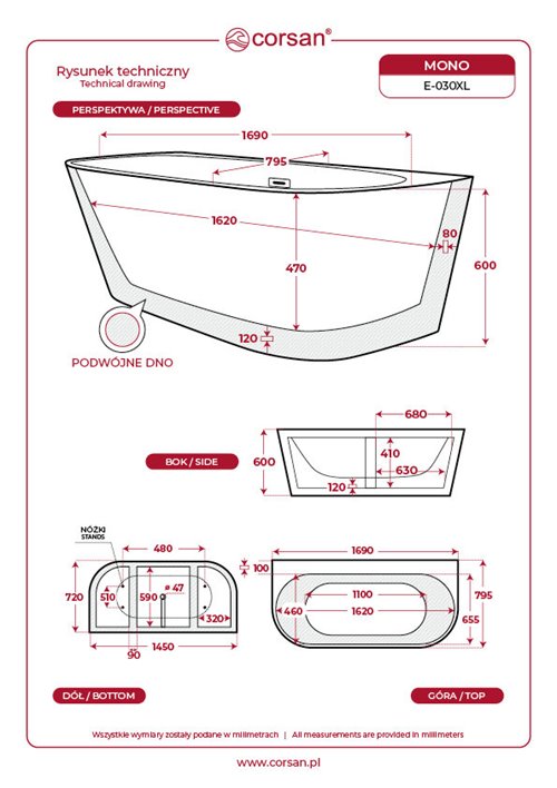 Wanna akrylowa, przyścienna wolnostojąca szeroka krawędź Mono Corsan 170 cm korek klik-klak grafit