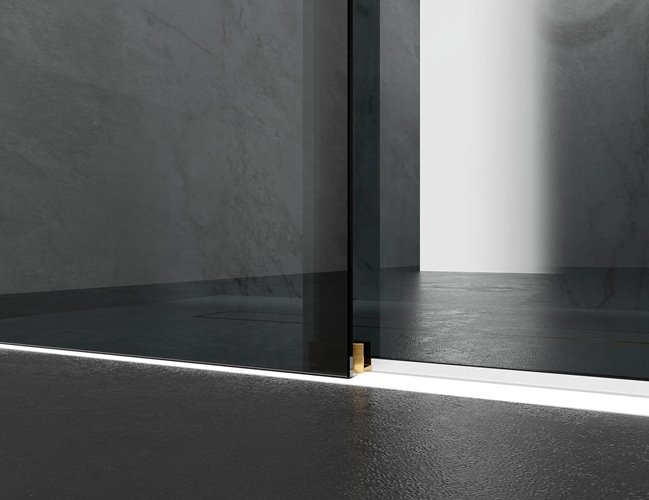 Drzwi prysznicowe rozsuwane prawe/lewe do wnęki 161-167 cm szkło 8mm grafitowe profile złoty mat Swiss Liniger