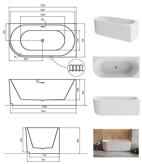 Denaya Besco B&W czarno-biała wanna wolnostojąca 170 cm prawa syfon złoty WASB-170DPG