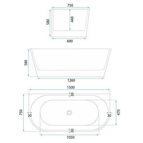 Wanna wolnostojąca przyścienna 150 cm Capri Slim Rea