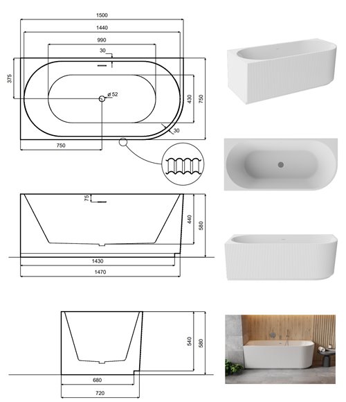 Denaya Besco B&W czarno-biała wanna wolnostojąca 150 cm lewa syfon złoty WASB-150DLG