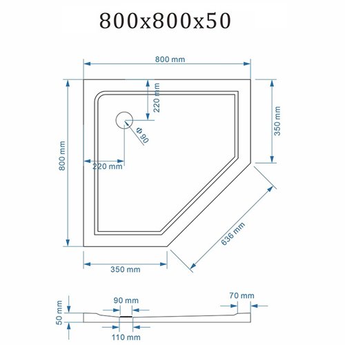 Czarny brodzik prysznicowy pięciokątny 80x80 ST08A wysokość 5 cm