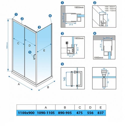 Złota szczotkowana kabina prysznicowa prostokątna 110x90 KZ104B